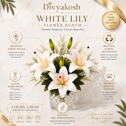 Image of Divyakosh Artificial Flowers Bunch (Vase Not Included). Artificial Flower for Vase Flower Bouquet Gift White Lily Arrangement for Living Room, Dining Table Office Decor