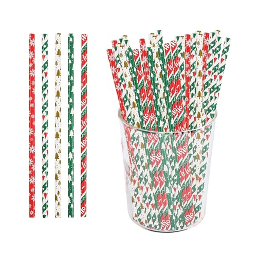 Lot de 50 pailles en papier biodégradables pour Noël, fête d'anniversaire, flocons de neige/sapin de Noël/étoiles/rayures Rouge/vert