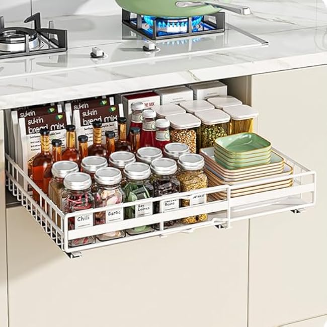 2pack Pull Out Cabinet Organizer, Expandable Slide Out Drawers for Kitchen Cabinets, Drawers Fixed with Adhesive Nano Film, Upgrade 3 Slide Rails, Adjustable Width 12-20.45 White