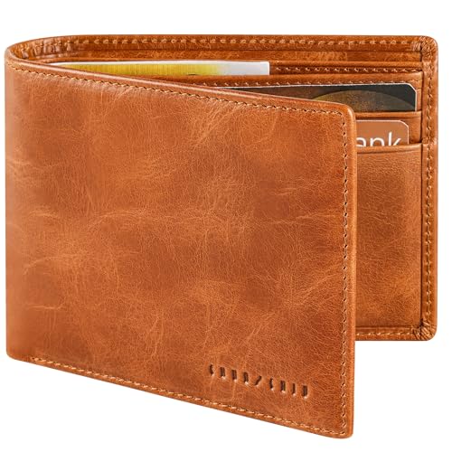 CHUNCHIU Wallet for Men, Leather RFID Blocking Bi-Fold Purse, ID Credit Card Holder Coin Cash Flap Photo Window Pocket Vintage Wallet Gift for Him (Yellow Brown)