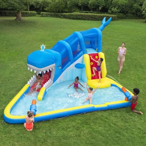 Image of Inflatable Mega Water Park for Kids – Whales 'n Waves Backyard Slide & Splash Pool – Heavy Duty Blower Included – Ages 4+
