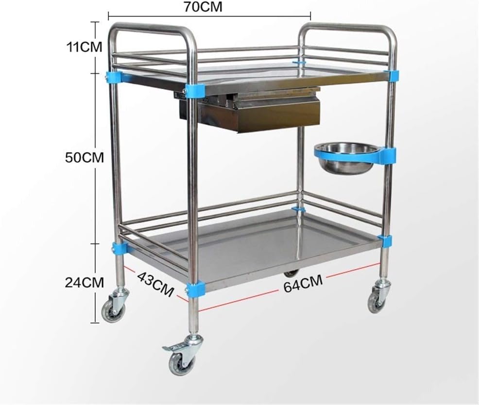 Trolley - Stainless Steel Instrument Cart/Board Cart/Silent Trolley/Trolley Four Wheel Small Trailer/Hospital Beauty Salon Double. (Size : 70 43 85CM)