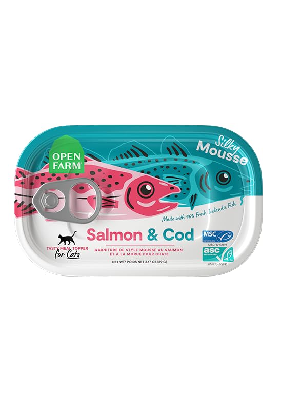 Open Farm, Canned Cat Food Topper, Silky Mousse Made with 95% Responsibly Sourced Icelandic Fish, Grain & Legume Free, Salmon & Cod Recipe, 3.17oz Cans (Pack of 17)