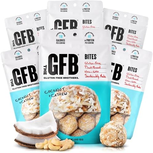 The GFB Coconut Cashew Protein Bites | Certified Gluten Free Snack Bites | Super Tasty Plant Based Protein Balls | Travel Ready Non-GMO, Kosher & Vegan Snacks | Resealable 4oz Bags, 6 Pack