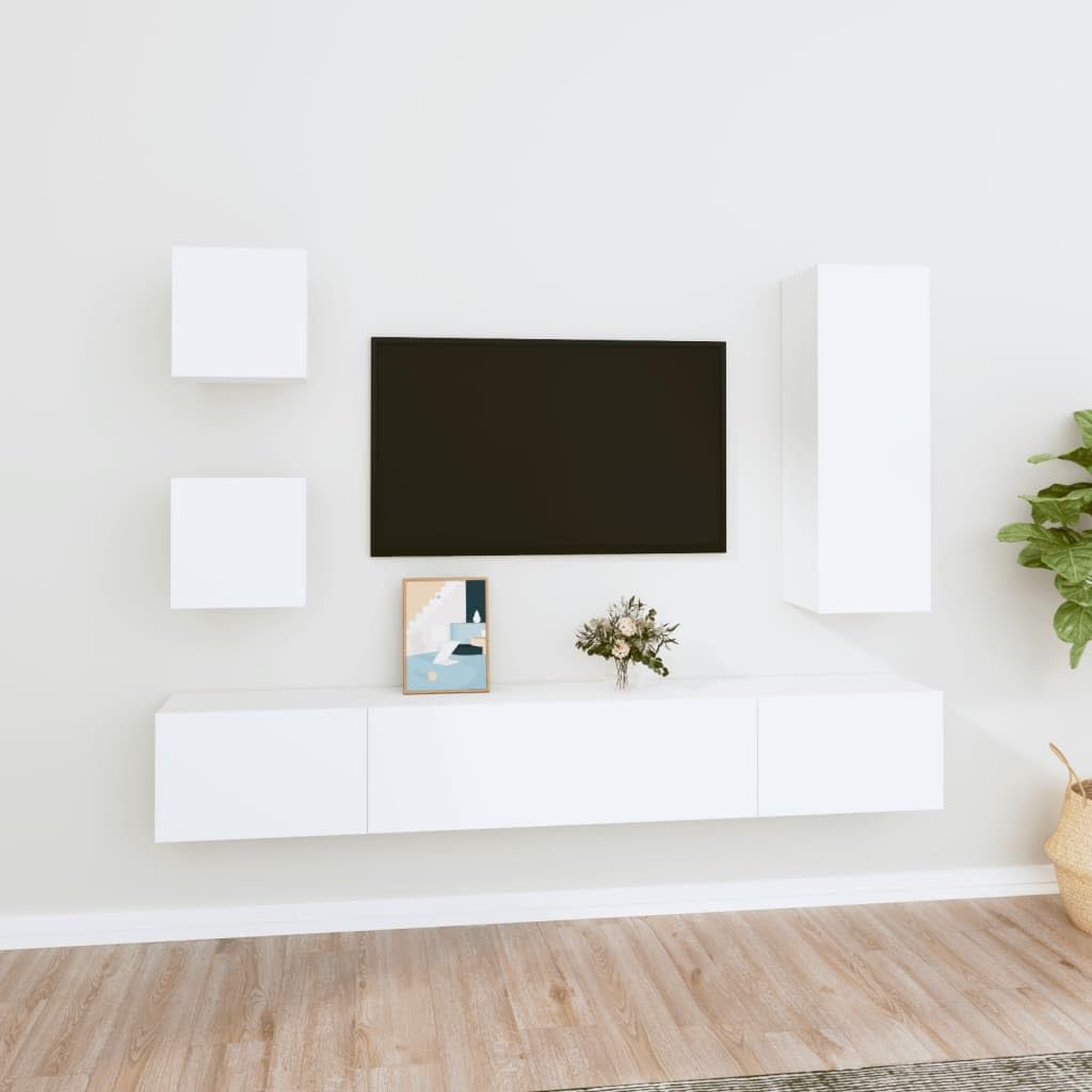 5-TLG. TV-Schrank-Set, Weiß, Holzwerkstoff, Wandmontage, Modernes Media-Center für Wohnzimmer, Schlafzimmer, Viel Stauraum