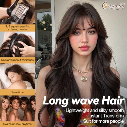 Image of Creamily Long Wave Hair Wig for Woman Full Head Brown Synthetic Heat Resistant Fiber with Bangs 20 Inches Layered Curly Wig for Women Replacement Wig Cosplay
