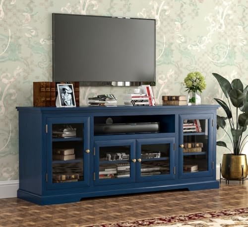 Image of Sheesham Solid Wood TV Cabinet for Living Room | Handcrafted Wooden TV Unit with Storage | Elegant Entertainment Stand for Modern Homes (Glass Tv Cabinet, Blue)