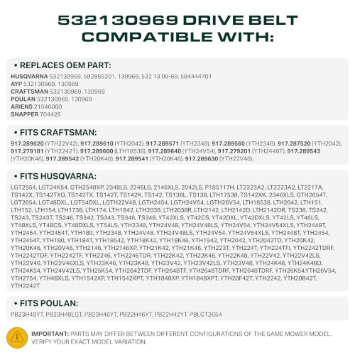 Image of UDC Parts 532130969 Drive Belt - 1 /2 inch x 92.5 inch Aramid Cord /Replacement for 130969 Husqvarna YTH22V46 592855201 532 13 09-69 YTH24K48 YTH2348 YTH24V48 LGT2554 LGT2654 YTH21K46 Craftsman AYP 584444701