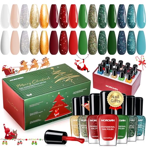 Morovan Christmas Nail Polish Set: 2025 Glitter Gifts Ideas Red Green Gold Silver Fingernail Polish Kit Winter Quick Dry Regular Nail Polish Pack Manicure for Women Girls Holiday Party