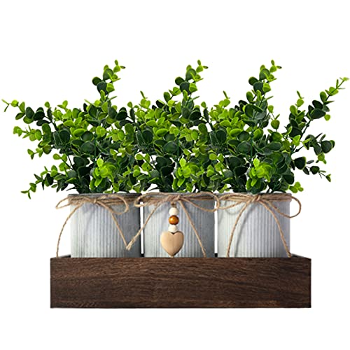 HEMYLU Artificial Flower Decorative Centerpiece, Frosty Green Eucalyptus Table Arrangement with 3 Rustic Metal Pots and Wood Tray for Farmhouse Home Décor