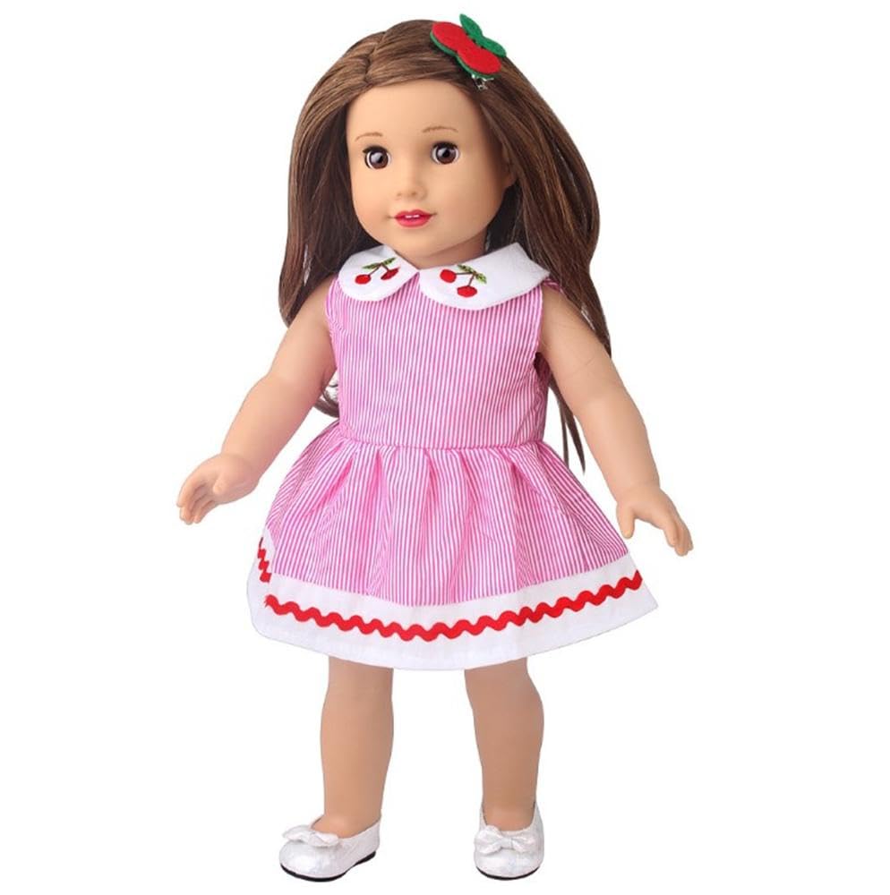 NIXNUT Doll Clothes Dress Striped Pattern Summer Clothing for American Girl Doll 18-inch with Cherry Decoration - Image 3