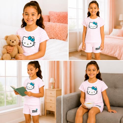 Image of Hello Kitty Girls Short Set - 2 Piece Short Sleeve Graphic Tee and Shorts Clothing Outfits (Sizes: 2T-12)
