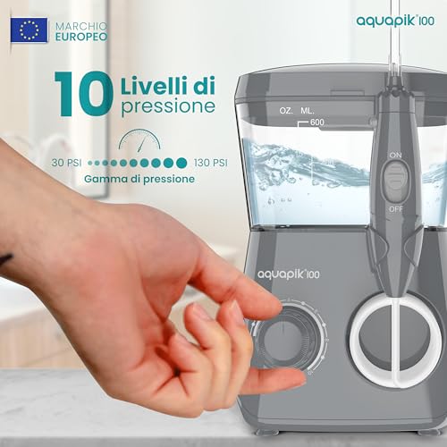 Aquapik 100 Idropulsore Dentale Professionale Water Flosser Con 9 Ugelli Multifunzione 10 Valori Nominali Di Pressione Dell'acqua Regolabili 600Ml Rimozione Della Placca Dentale (D. Grigio) - 4