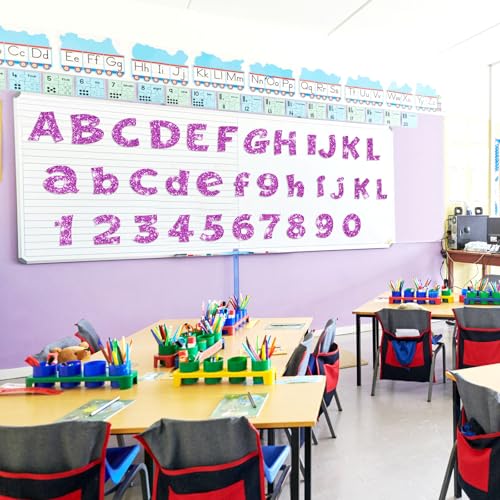 Image of Colarr 216 Pcs Glitter Bulletin Board Letters for Classroom Number Alphabet Punctuation Symbol Cutout 4'' Die-Cut Poster Letter with Adhesive Dot School Party Holiday Decor Display(Purple Pink)