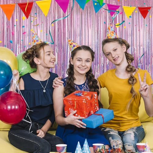 Image of 4 Pack Laser Pink Foil Fringe Curtains Streamers Party Decorations 3.3 x 8.2 ft, Tinsel Curtain Fringe Backdrop for Parties, Door Fringe Birthday Streamers, Barbie Backdrop Birthday Party Decorations