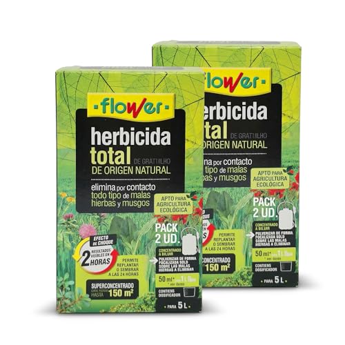 FLOWER x2 Herbicida Total Ecológico Origen Natural 300 m² | Elimina Malas Hierbas y Musgos | Alternativa Glifosato | Resultados 2 Horas | 500ml + Dosificador Diluir 10L Agua | Súper Concentrado