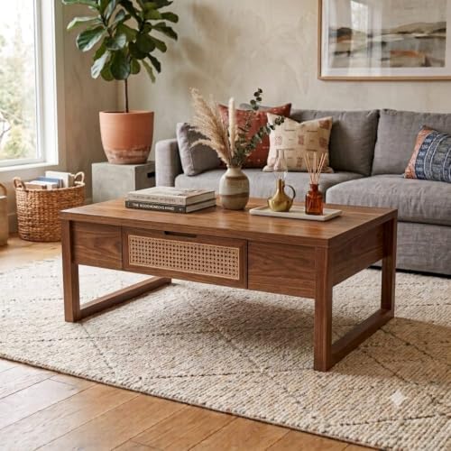 Image of Solid Sheesham Wood Coffee Table & Center Table for Living Room with Rattan Cane Lift-Down Shutter & Open Shelf, Solid Wooden Teapoy for Sofa with Storage Tea Table (E-Honey)