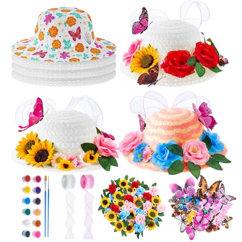 Chicingyou 15 Sets DIY Tea Party Straw Hats, Flowers, Butterflies Decor Birthday Party Favor Supplies, Not Suitable for Adult(Hollow)