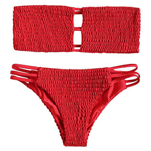 ZAFUL Women's Strapless Shirred Smocked Bandeau Two Piece Bikini Set Swimsuit (Yellow, S)