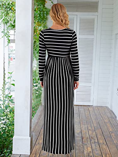 Xpenyo Maternity Casual Dress Empire Waist Long Sleeve Pregnancy Maxi Dresses With Pockets Stripes Black L #TOP4