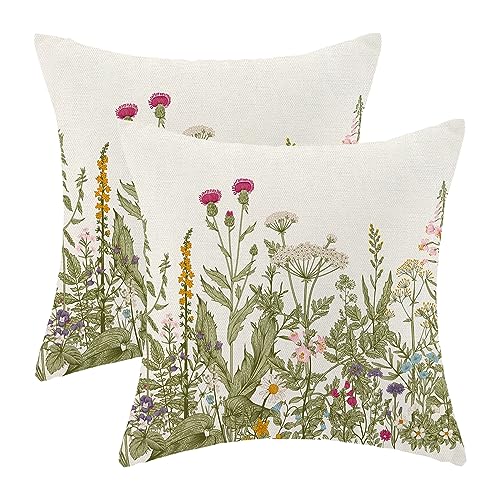 Image of AEIOAE Sage Green Pillow Covers 16x16 Inch Set of 2, Spring Wildflower Plant Throw Pillows Case,Seasonal Floral Outdoor Decorative Flowers Farmhouse Decor Cushion Covers for Home Sofa Bed Couch