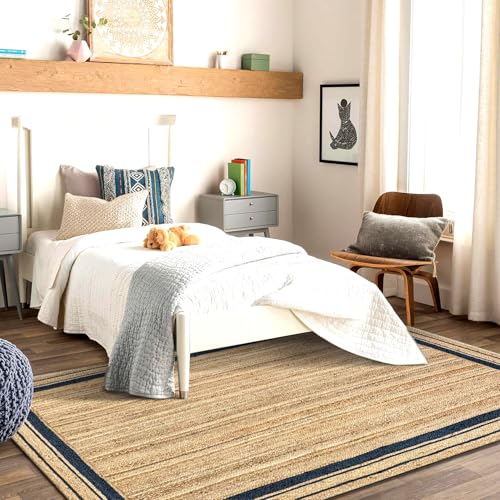 Image of Handwoven Natural Jute Braided Carpet Mats | Reversible Floor Covering Carpets Rug Mat | Anti Slip Backing Heavy Carpet Runner for Living Room Bedroom Carpet Jute- Black (5x8 feet o b)