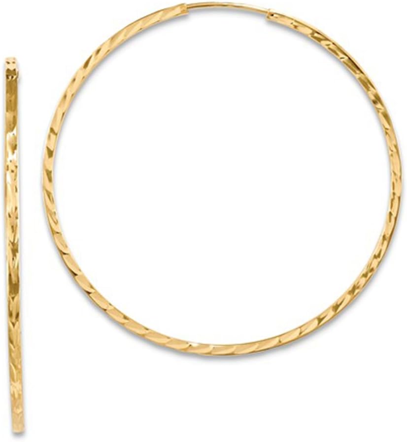 14K Yellow or White Gold Diamond Cut Square Tube Continuous Endless Hoop Earrings, 15-60mm (1.35mm Tube)