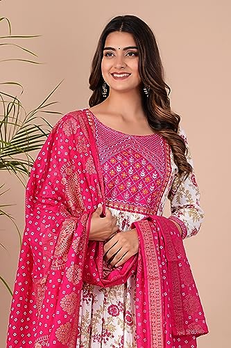Image of MANHAREE | Women's Rayon Printed Embroidered Anarkali Kurta with Pant & Dupatta Set