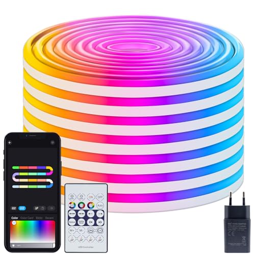 ZAIYW Tira de luces LED de neón de 10 m, RGB y IC, 5 V, con control remoto, sincronización de...