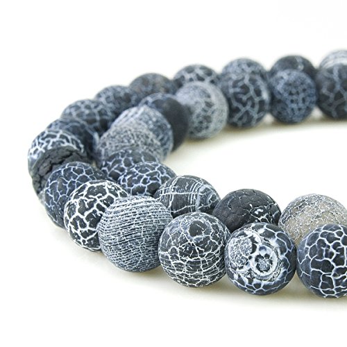 BEADNOVA 8mm Natural Black Frosted Agate Unpolished Cracked Matte Gemstone Gem Strand Round Loose Beads for Jewelry…