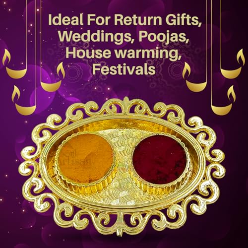 Soul Artisan Oval Design Double Kumkuma Holder Chimil Box - Plastic Golden Metallic Color(Pack of 10) - Decorative Art Design Tilak Daani, Sindoor for Women Return Gift, Diwali, Weddings, Pooja