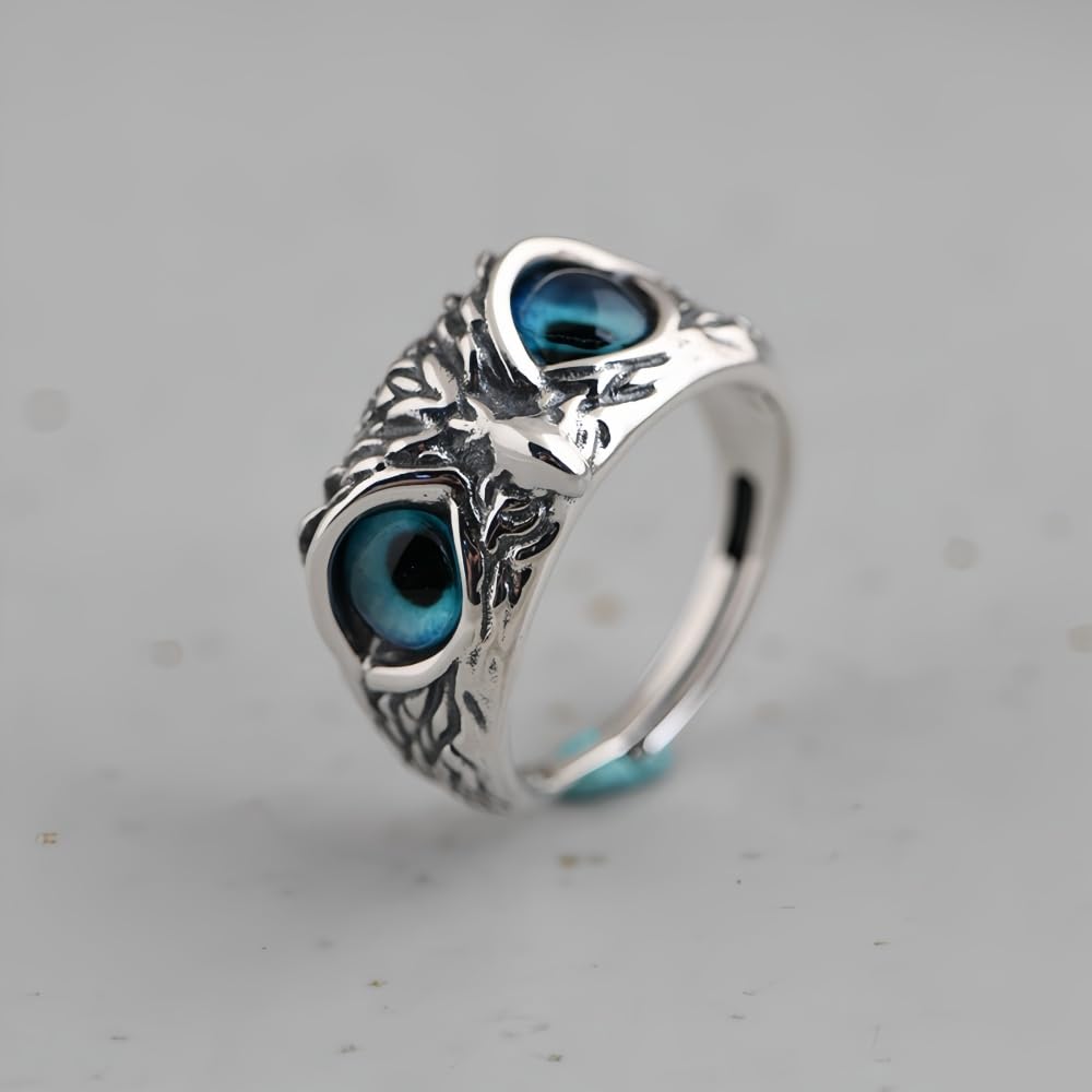 Retro 925 Sterling Silber Eule Nachteule Ring mit Blauen Augen für Herren Damen Offen und Verstellbar