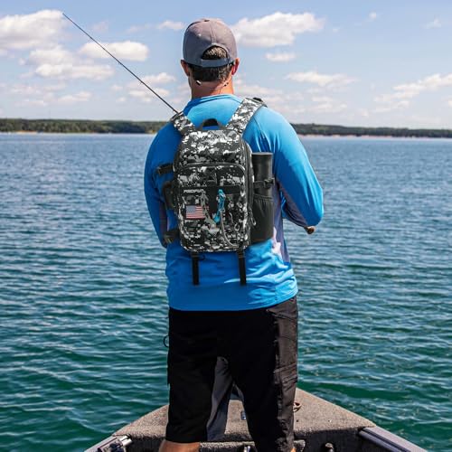 Image of Piscifun Fishing Tackle Backpack with Rod & Gear Holder, Lightweight Outdoor Water-Resistant Fishing Shoulder Storage Bag with Protective Rain Cover, Digital Camouflage