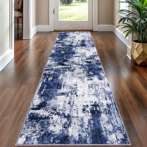 KOZYFLY Modern Abstract Rug Runner for Hallway 2x8 Navy Blue Kitchen Runner Rug Non Skid Washable Carpet Runner Laundry Room Mat Soft Fluffy Low Pile Rug for Hallway Entryway Bathroom