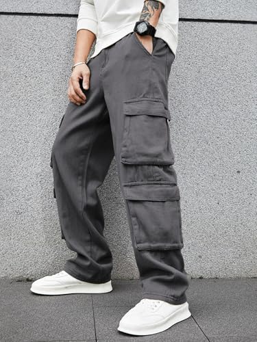 Image of Men's 8 Pocket Cargo Pants | Premium Cotton Twill Baggy Fit Trousers | Stretchable Casual Streetwear Cargos | Mid Rise