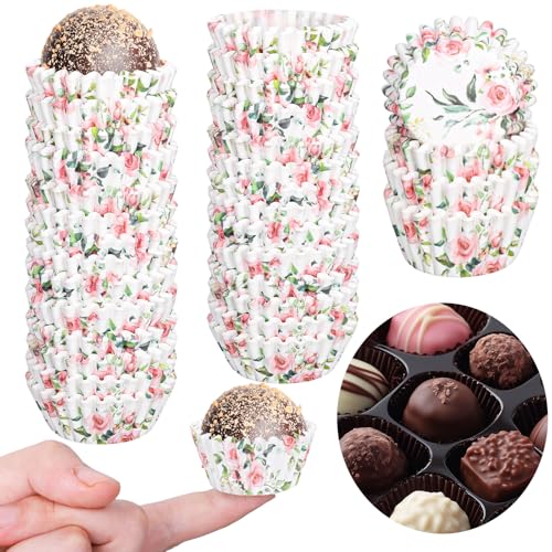 FYSUIMU 600Pcs Mini Pink Flower Cupcake Liners Spring Floral Baking Cups Muffin Cupcake Wrappers for Spring Wedding Bridal Shower Birthday Tea Party Decor