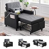 TYBOATLE Leather Convertible Sleeper Chair Bed for Adults, 3-in-1 Pull Out Sofa Chair Bed with USB/Type-C Ports, Cup Holders, Side Pockets, Single Sofa for Living Room, Office, Bedroom (Black)