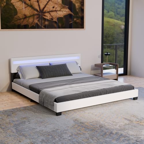 Juskys Polsterbett Paris 180x200 cm mit LED Beleuchtung, Lattenrost & Kopfteil - Kunstleder & Holz - weiß - Bett Doppelbett Bettgestell Juskys Polsterbett Paris 180x200 cm mit LED Beleuchtung, Lattenrost & Kopfteil - Kunstleder & Holz - weiß - Bett Doppelbett Bettgestell