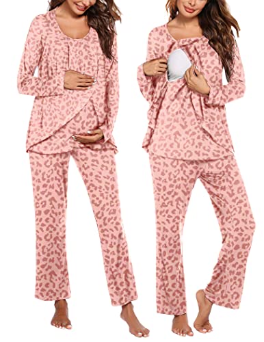 Image of Ekouaer Maternity Nursing Pajama Set Long Sleeve Top & Pants with Pockets Breastfeeding Sleepwear Double Layer Pregnancy