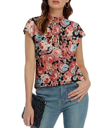 Image of Funlingo Womens Summer Tops Mock Neck Short Cap Sleeve Blouses Business Casual Work Chiffon Shirts Front Pleated Tunic Top