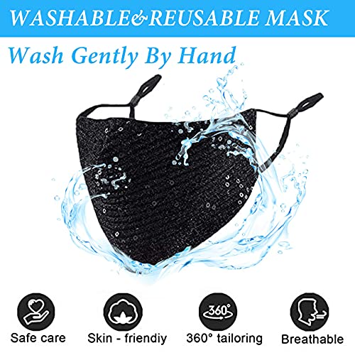 Image of Sparkly Sequins Mouth Masc Fashion Designer Glitter Cotton Face Cover With Adjustable Ear Loops Reusable Masquerade Party Nightclub Rave Festival Sequins Face Covering (Black)
