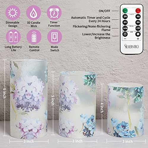 Image of Hydrangea Flameless Candles with Remote Blinks Glass Real Wax LED Candles - Home Party Wedding Romantic Love Theme Summer Holiday Decor - Set of 3