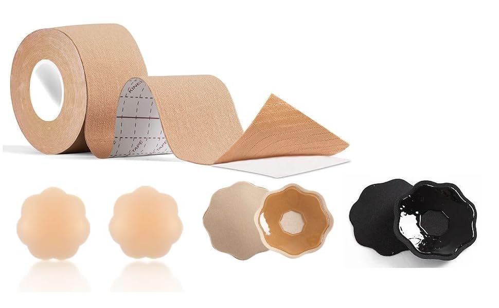 SHEDOESMicro-Adhesive Breast Tape, Adhesive Tape for Breast Implants, Reconstruction, Augmentation, Breastfeeding with 3 Set of Bra Patches Beige and Black