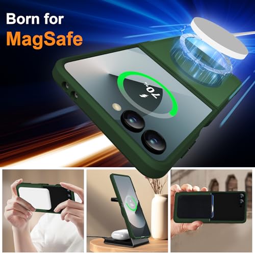 Image of ORETECH Magnetic for Samsung Galaxy Z Flip 7 Case, with [2 x Screen Protector] Translucent Back Non-Slip Hard PC Shockproof Bumper Protective Case for Samsung Z Flip 7 - Green