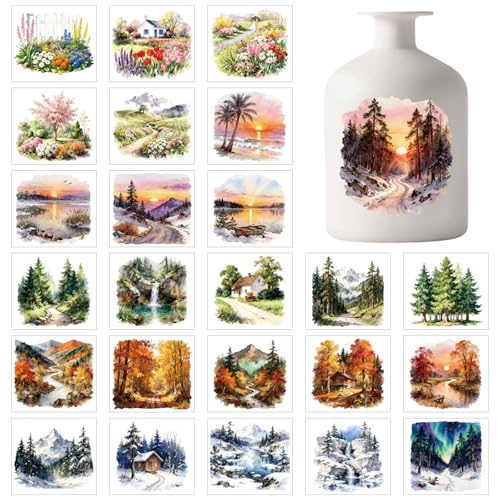 GLOBLELAND 25 hojas de calcomanías coloridas para jarrón, diseño de paisaje de las cuatro estaciones, primavera, verano, otoño, invierno, puesta de sol, calcomanías adhesivas para tarro, lámpara de