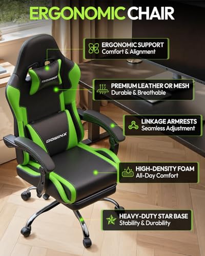 Image of Dowinx Ergonomic Gaming Chair with Footrest & Massage Lumbar, 2D-Linkage Armrests for Computer Chair 330lbs with Headrest Pillow for Office, Home, Streaming and Long Gaming Sessions, Green
