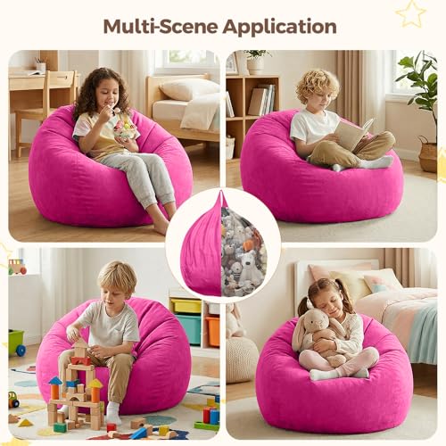 Image of Stuffed Animal Storage Bean Bag Chair Cover for Kids (No Filler), Soft Comfy Velvet Beanbag Chair Cover Machine Washable, Kids Bean Bag Chair with Handle for Living Room Bedroom Dorm, Hot Pink