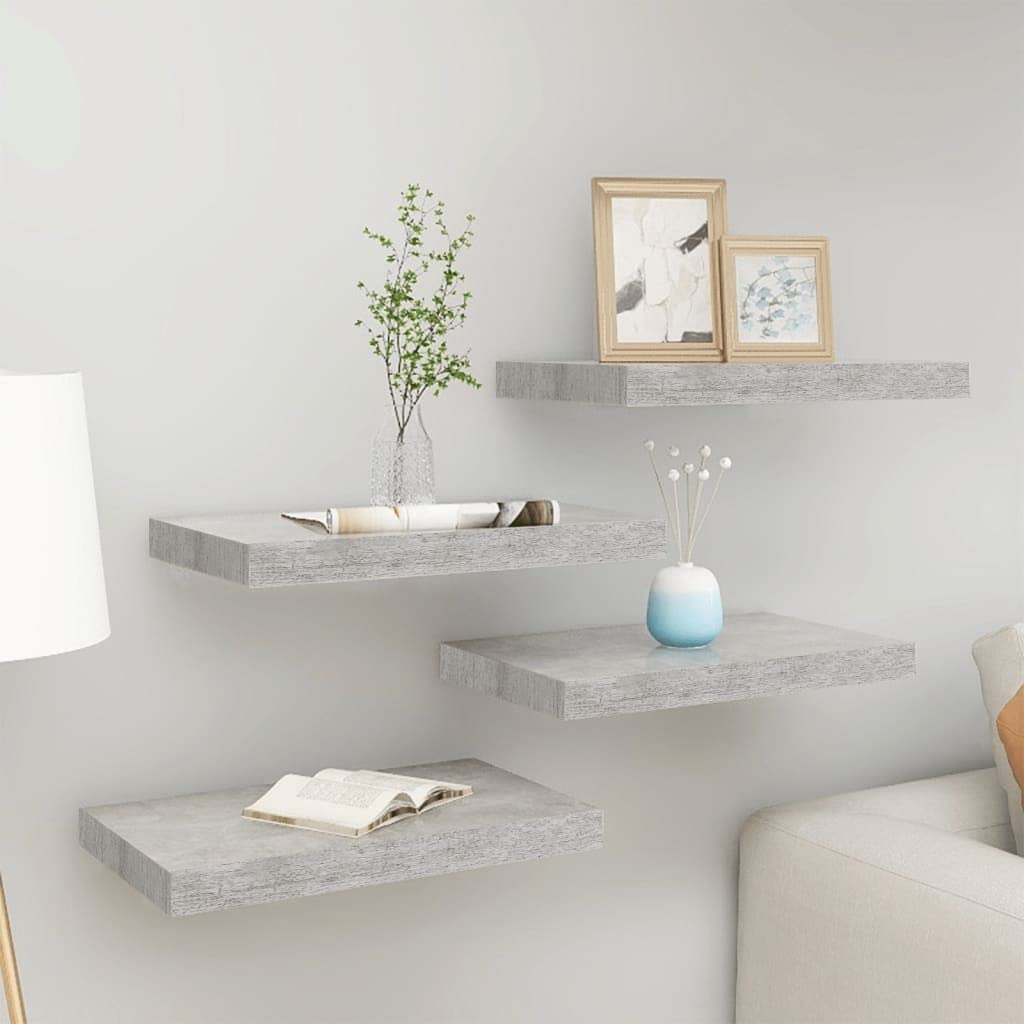 Estantería de pared, 4 unidades, color gris hormigón, 50 x 23 x 3,8 cm, MDF, fácil expansión de la superficie de la pared, estantería de almacenamiento para dormitorio, salón