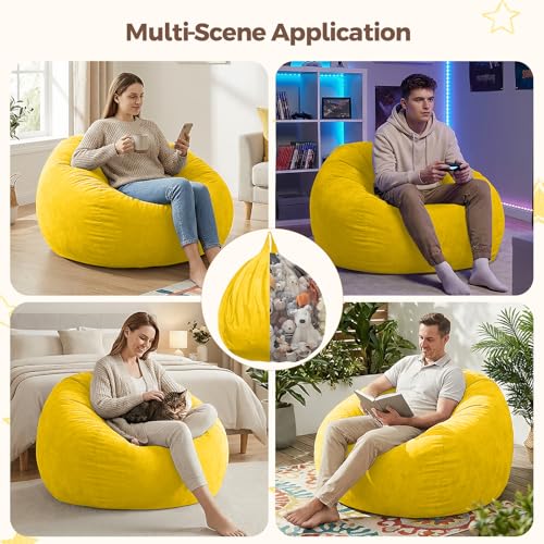 Image of Stuffed Animal Storage Bean Bag Chair Cover for Adults (No Filler), Soft Comfy Velvet Beanbag Chair Cover Machine Washable, Adults Bean Bag Chair with Handle for Living Room Bedroom, Yellow