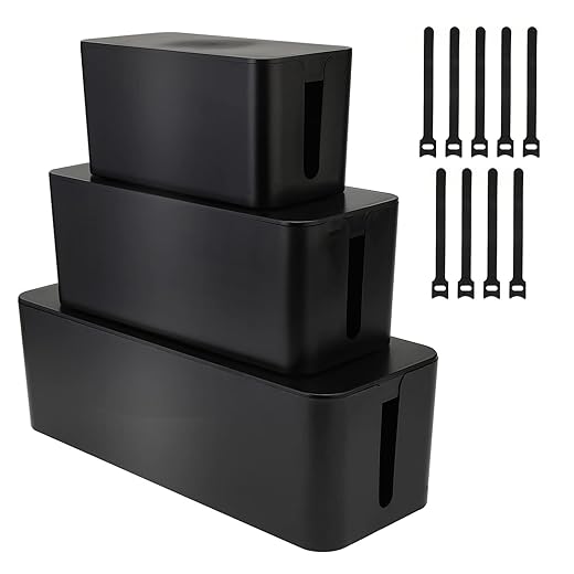 YaeCCC Cable Management Organizer Box Power Strips Hider Power Cords Hider for Desk, TV, Computer, USB Hub,Cords (Set of Three) Black
